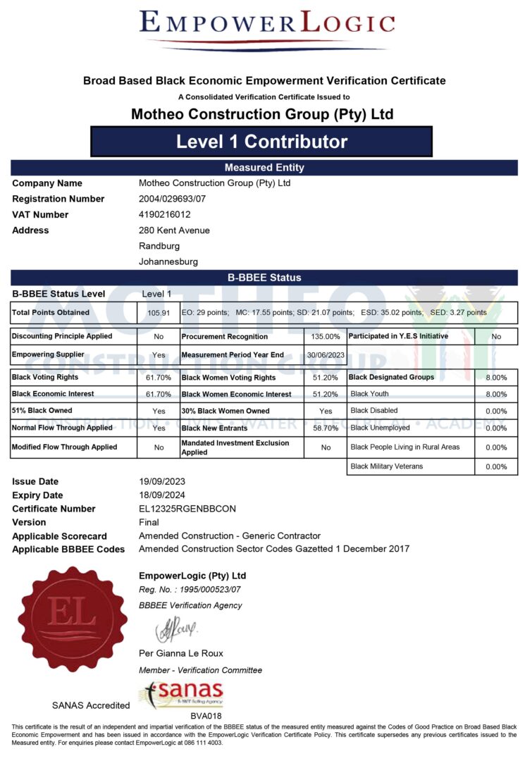 BEE CERTIFICATE – Motheo Construction Group